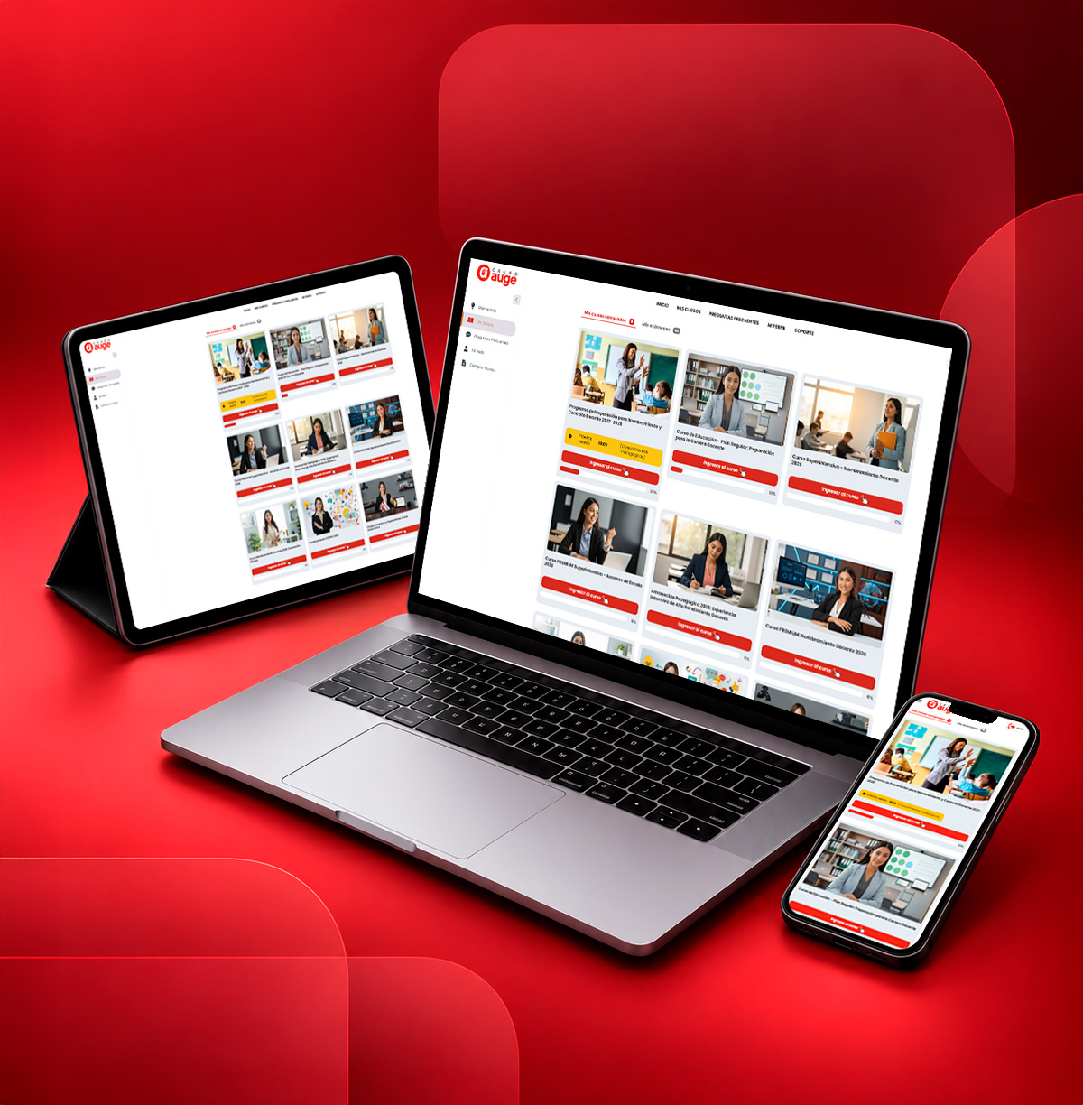 Aula virtual AUGE en laptop, celular y tablet